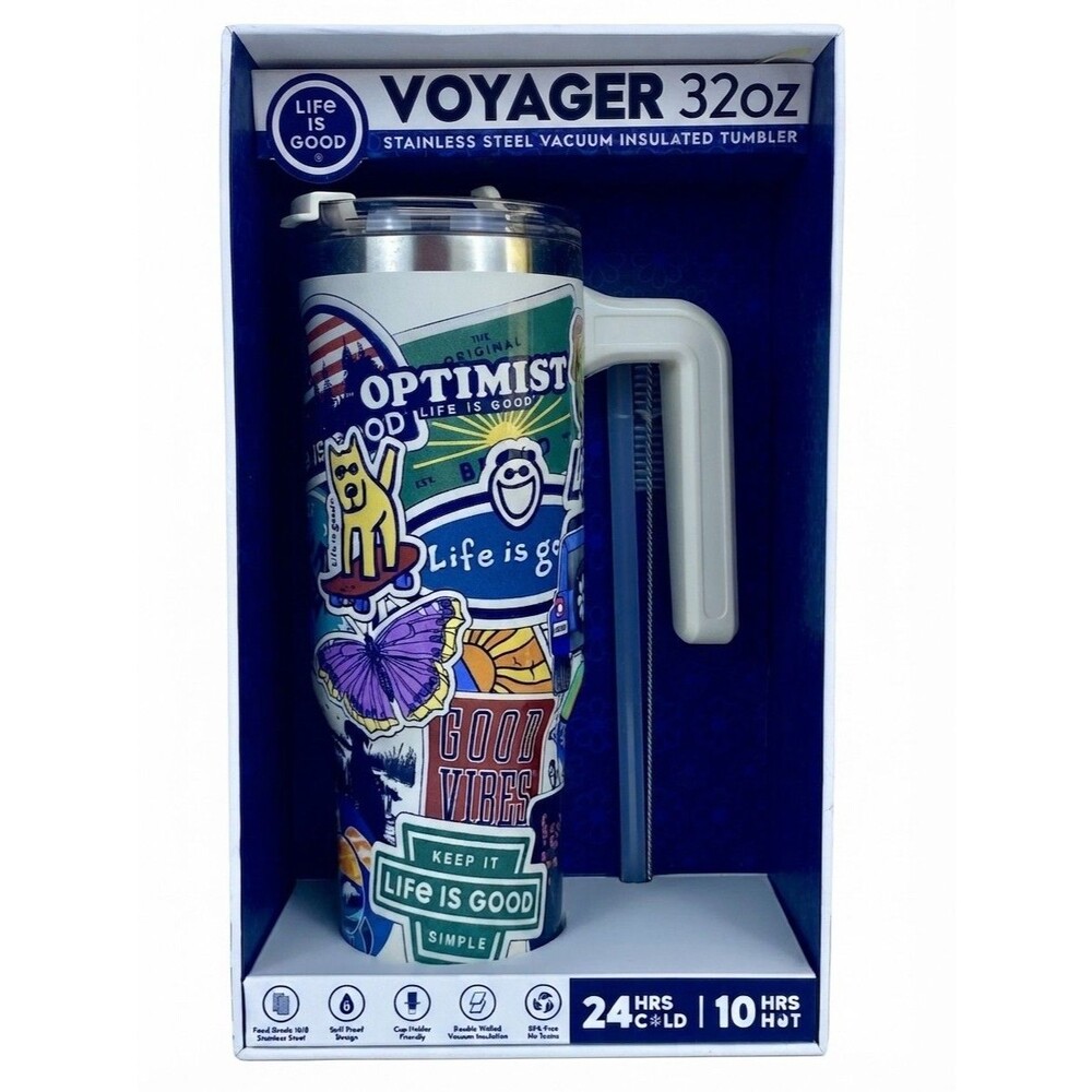 Life is Good Voyager 32oz Tumbler Stainless Steel Sticker Collage New in Box